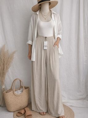 Zara Women's Beige Wide-Leg Linen Blend Pants